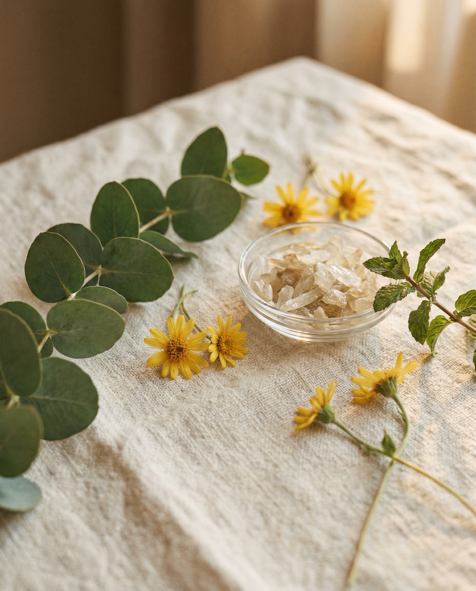 Natural ingredients including eucalyptus, arnica and peppermint on warm linen